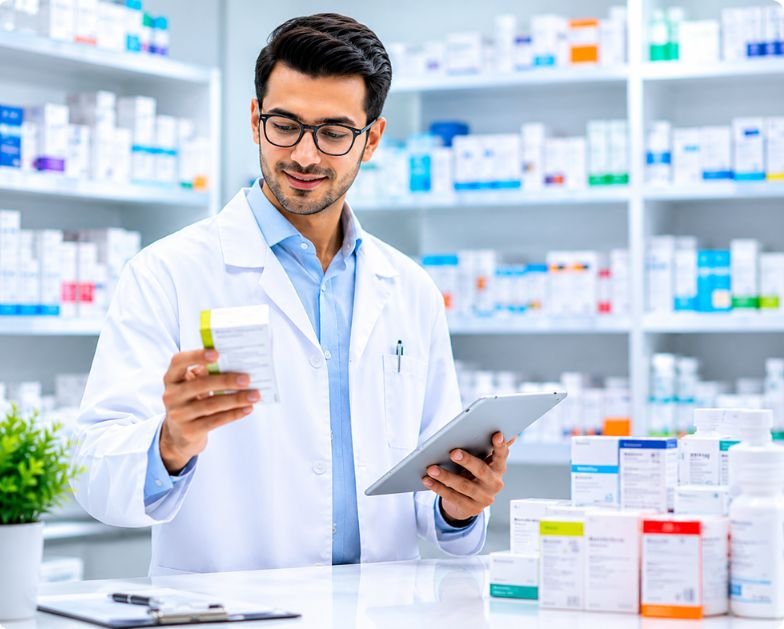 Pharmaceutical quality control specialist inspecting medicine packaging at Shivalik Pharma manufacturing facility in Punjab, India.